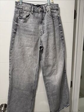 Stradivarius Wide Leg Jeans Womens 34 Grey Good Acid Wash High Waist Baggy Denim